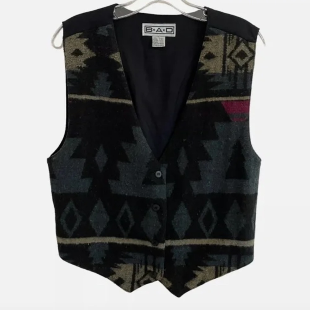 Vintage Wool Vest Aztec Southwestern Size Large B.A.D. Body Action Design